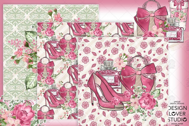 情人节礼物腮红色水彩花卉剪贴画设计素材 Spring Girl digital paper pack插图(4)