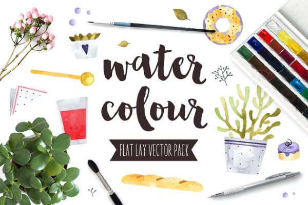 扁平风水彩矢量图形合集 Watercolor Flat Lay Vector Pack