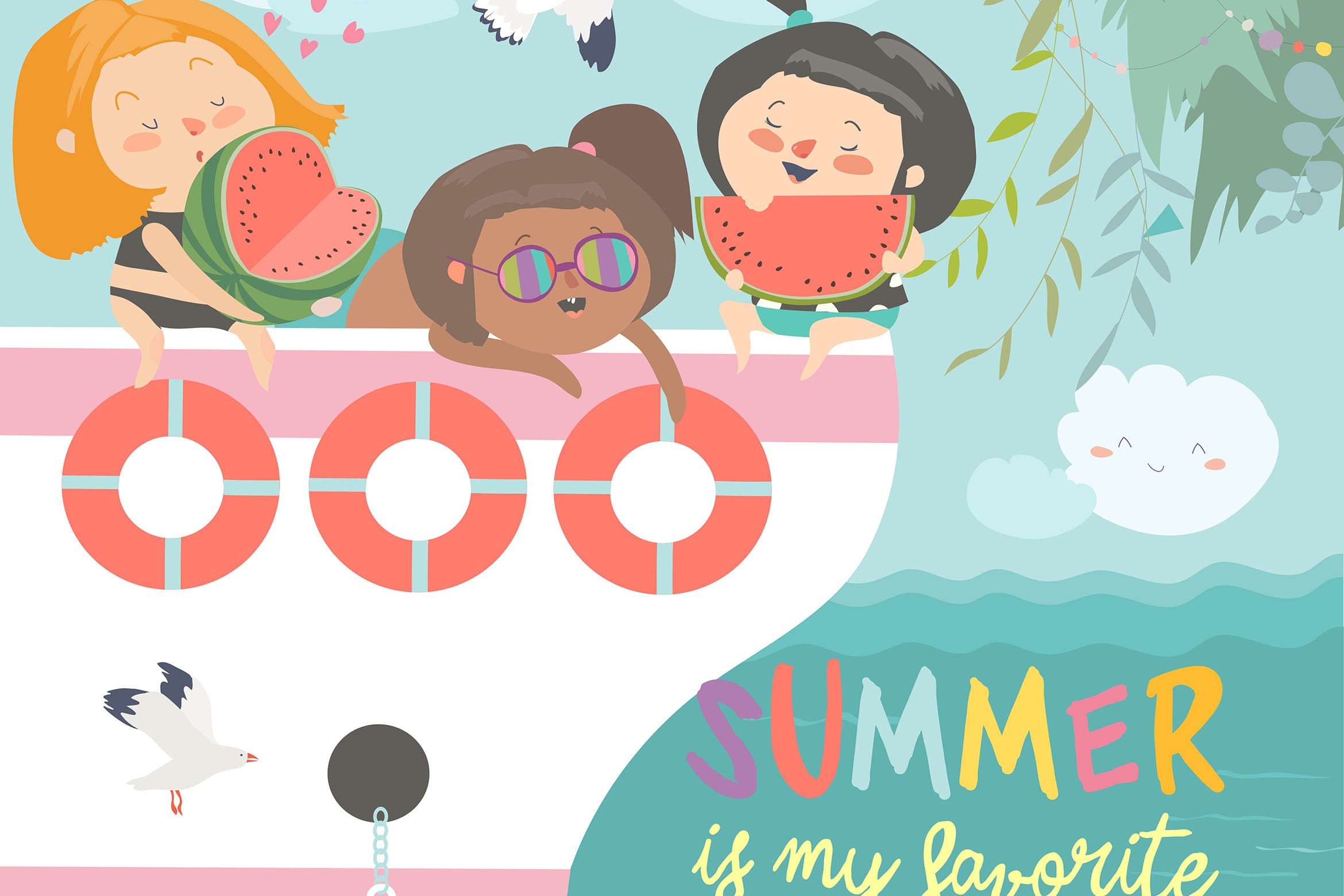 夏日卡通女童游艇场景矢量手绘插画素材 Cute happy girls resting and eating watermelon on插图