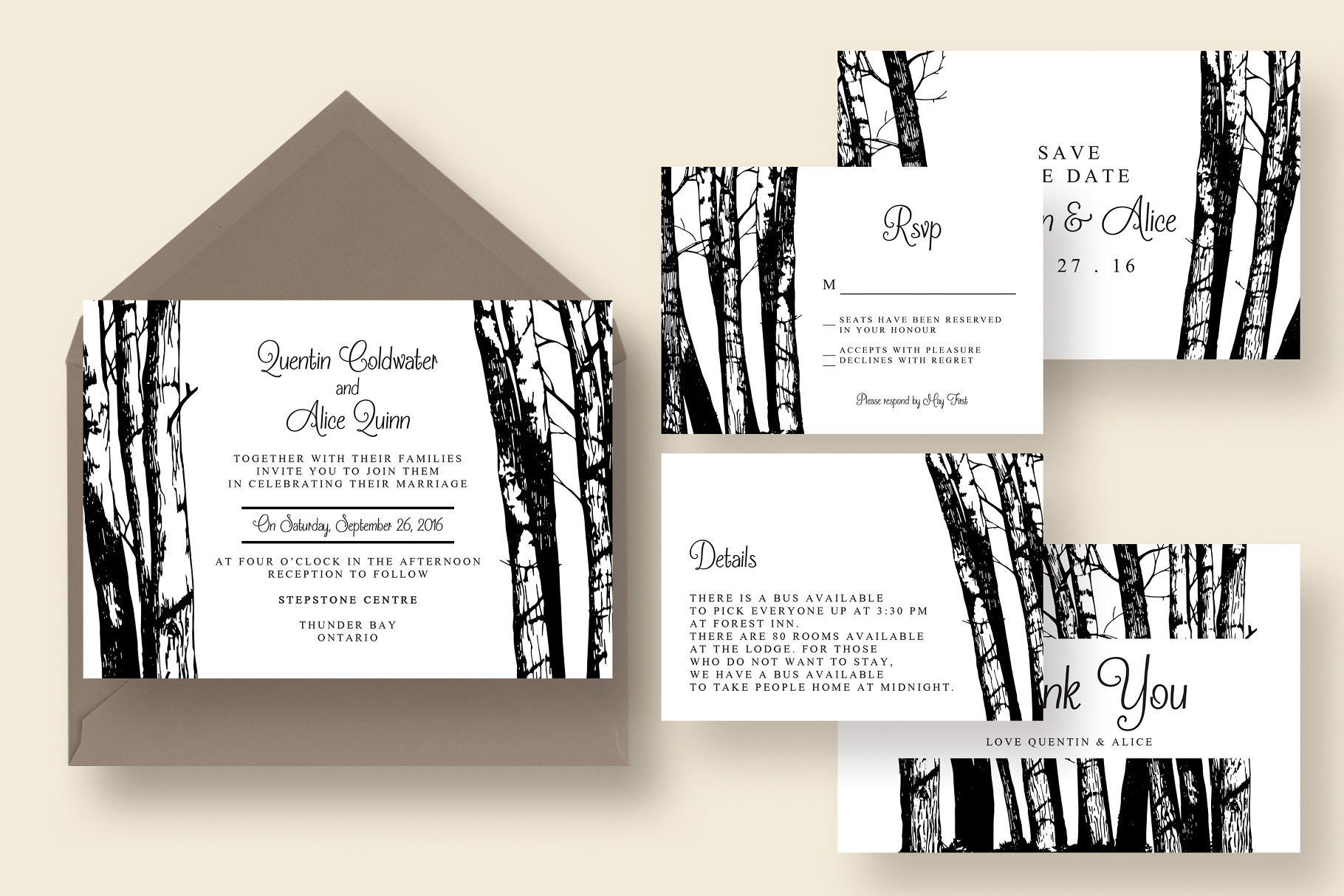 朴素森林主题婚礼邀请函设计模板套装 Walk in the Woods Wedding Suite插图