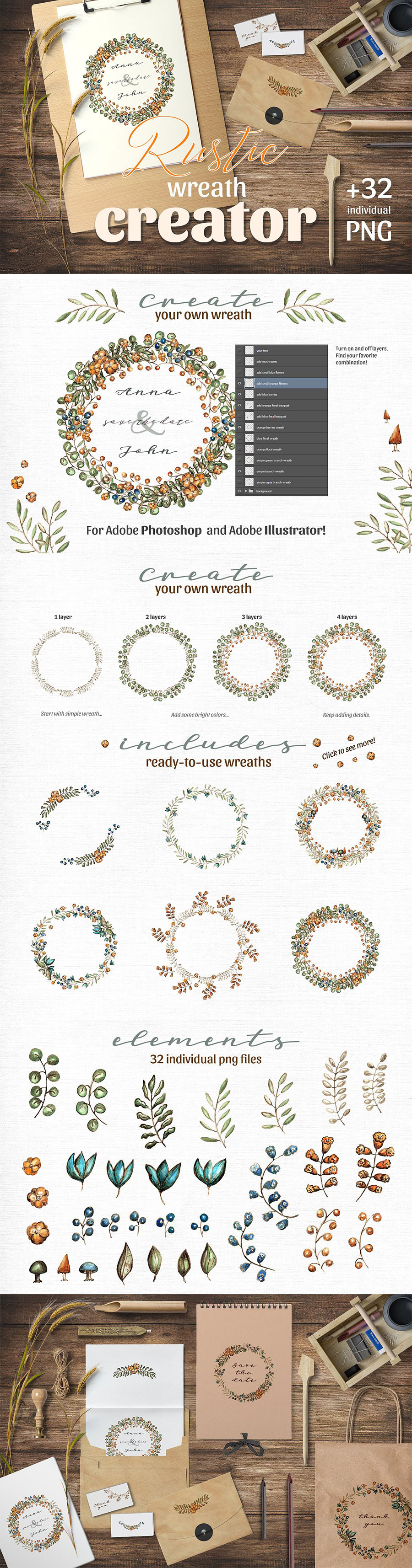 花环水彩质感花环素材下载[PSD,Ai,PNG]插图