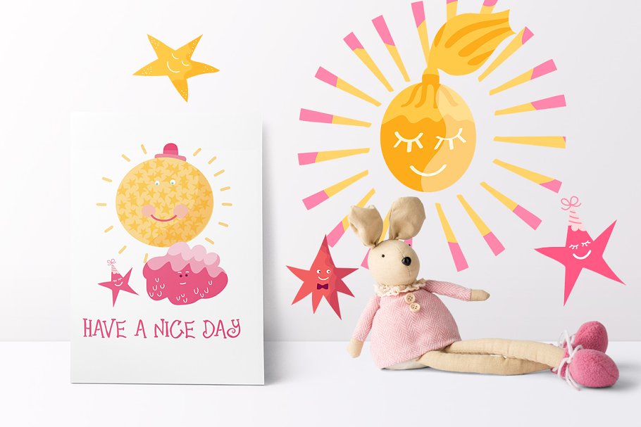 太阳,星星和月亮手绘剪贴画素材 Sun, Stars and Moon插图(2)