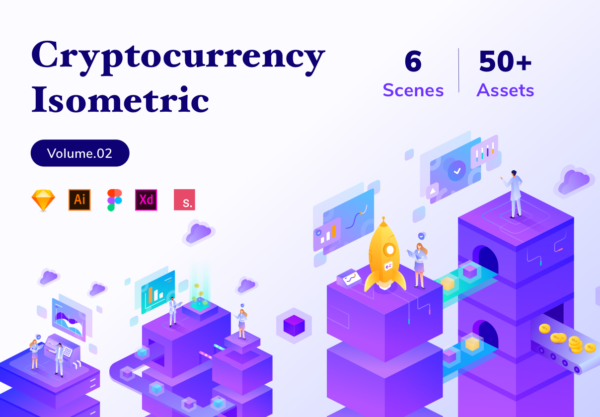 素材库下午茶：2.5D金融货币区块链加密货币技术相关的概念插画素材下载[Sketch,Ai,XD]
