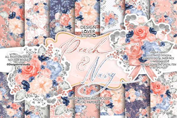 桃红色&amp;海军蓝水彩图案礼品纸张套装 Watercolor Peach and Navy digital paper pack