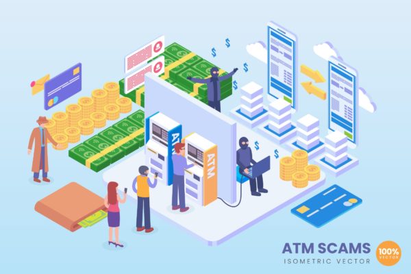 ATM诈骗主题等距矢量素材库精选概念插画素材 Isometric ATM Scams Vector Concept
