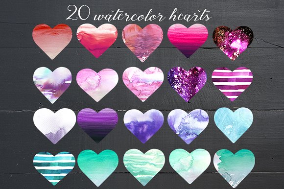 柔和色彩手绘水彩心形插画 Watercolor Hearts in Pastel Colors插图