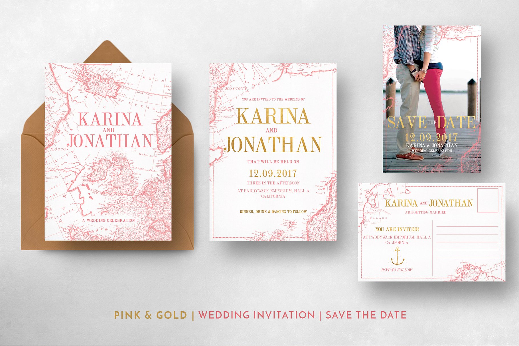 复古地图背景婚礼物料设计模板 Vintage Map Wedding Suite插图(6)