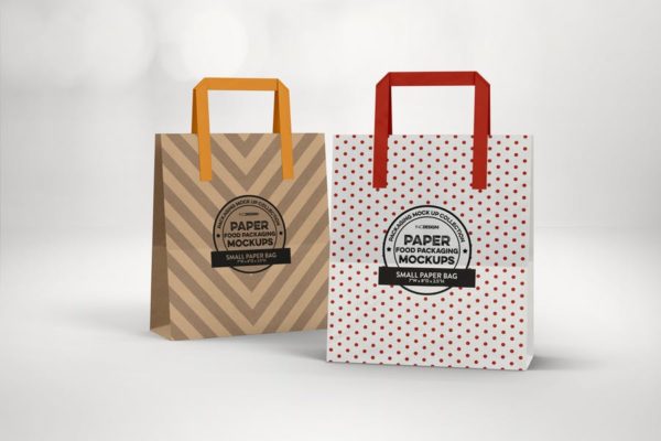 购物纸袋外观设计效果预览素材库精选 Small Bags with Flat Handles Packaging Mockup