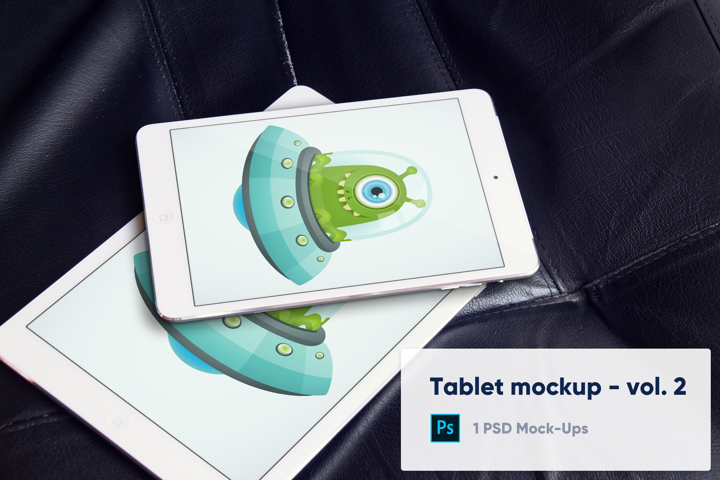 黑色皮革背景iPad平板电脑产品设计演示素材库精选样机v2 Tablets Mockup on Black Leather Background  Vol. 2插图