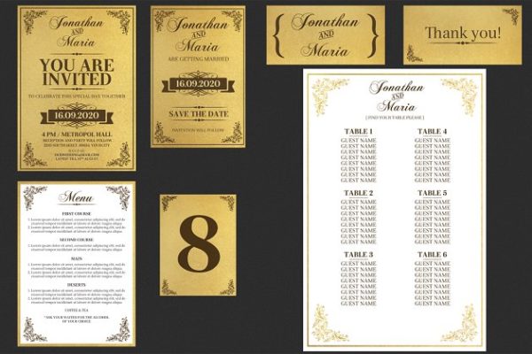 复古黄金色调婚礼邀请函模板套装 Gold Wedding Invitation Set