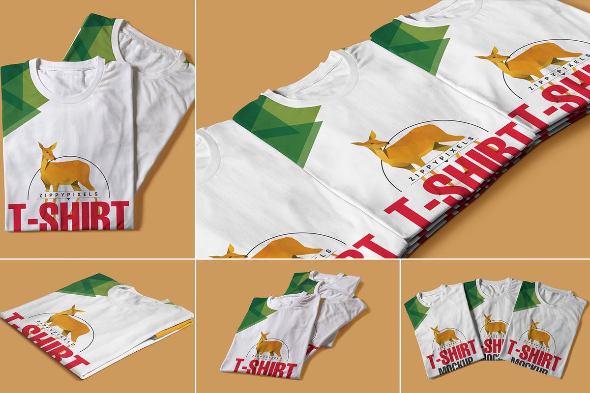 折叠圆领印花T恤服装样机 Folded Round-Neck T-Shirts Mockups插图