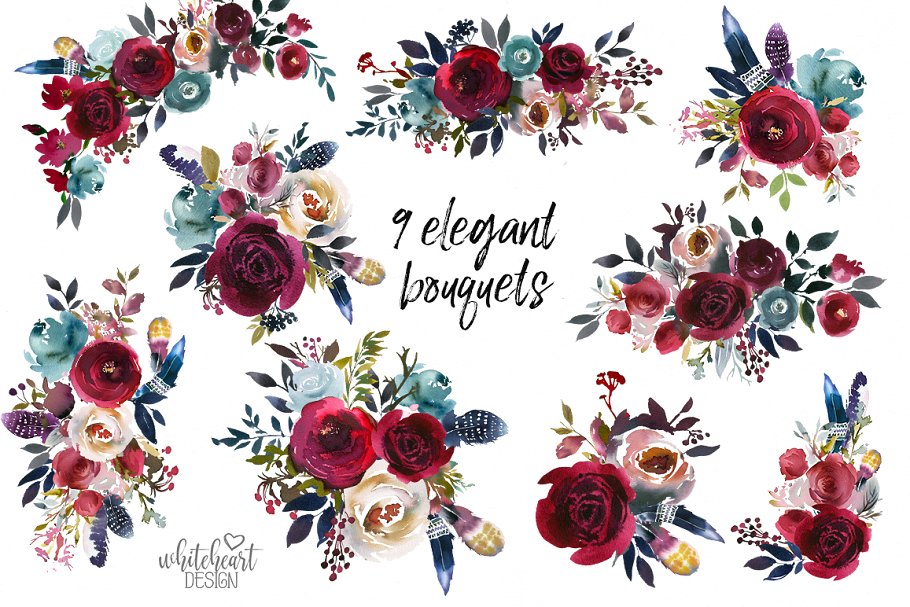 梅洛红&海军蓝水彩花卉设计素材包 Merlot & Navy Boho Floral Design Kit插图(1)