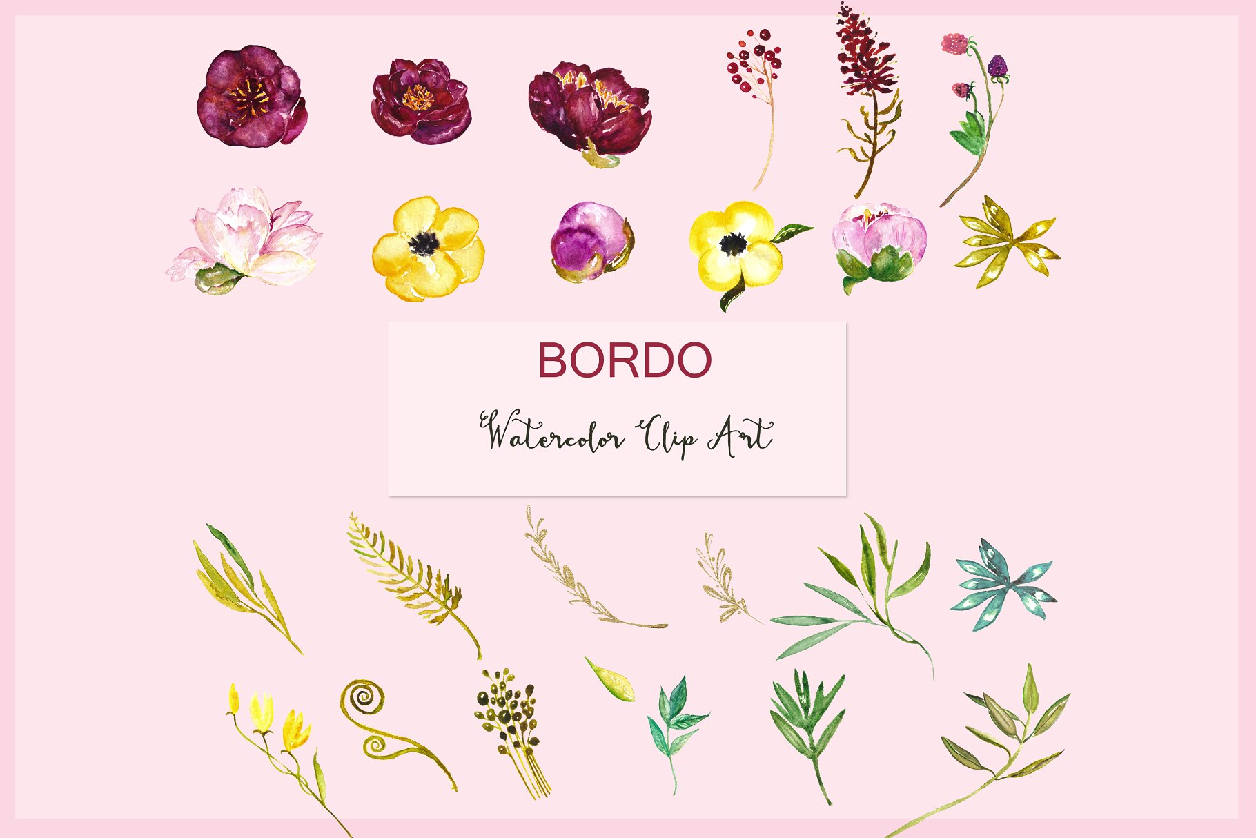 水彩牡丹花卉剪纸艺术数字剪贴画 Peony Bordo. Watercolor Clipart.插图(5)