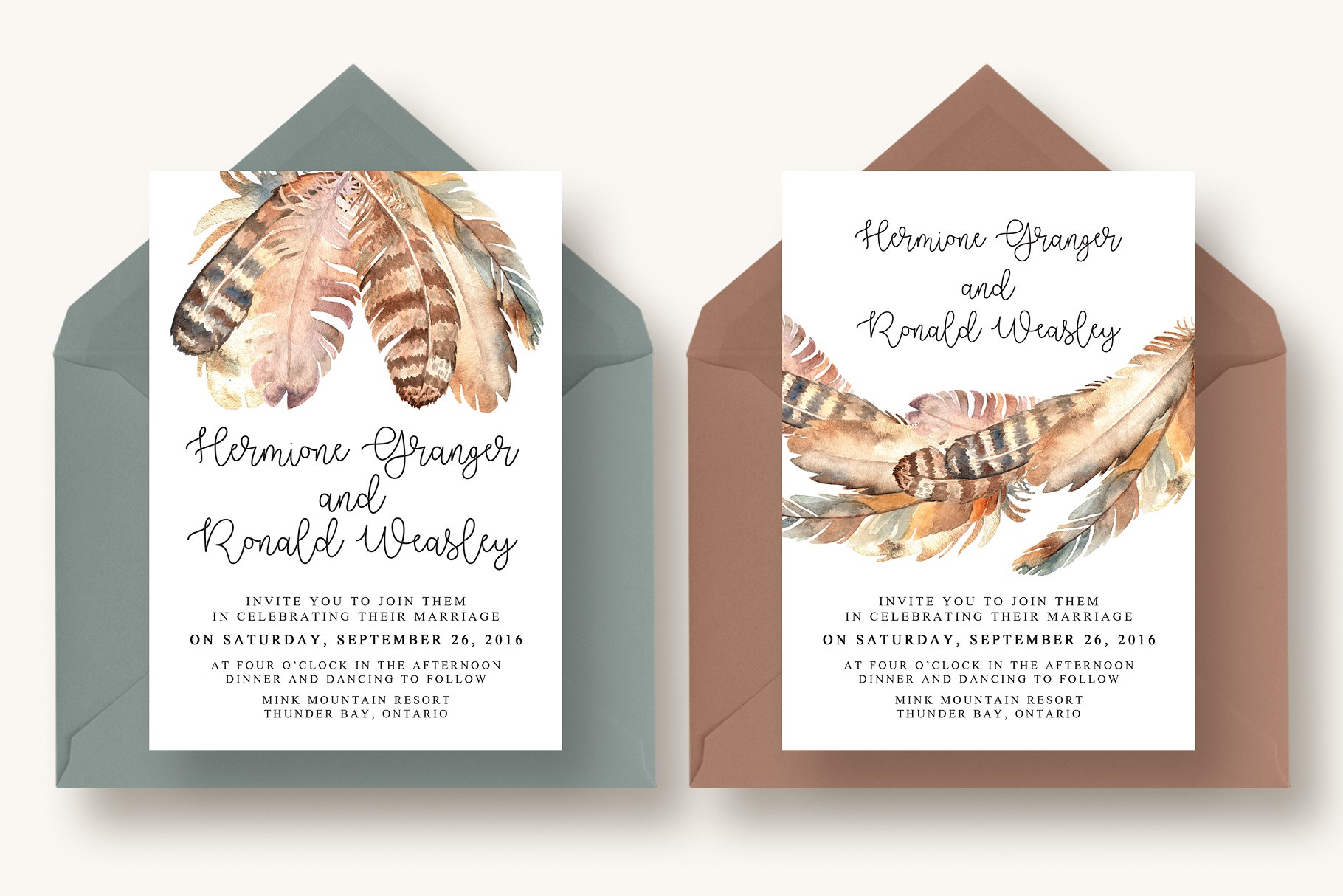 波希米亚风格羽毛插画婚礼邀请函设计套件 Boho Feather Invitation Suite插图(2)