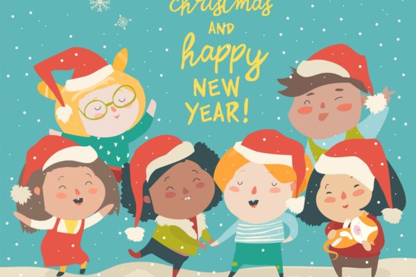 圣诞节主题儿童矢量插画[雪花背景] Group of children different nationalities in chris