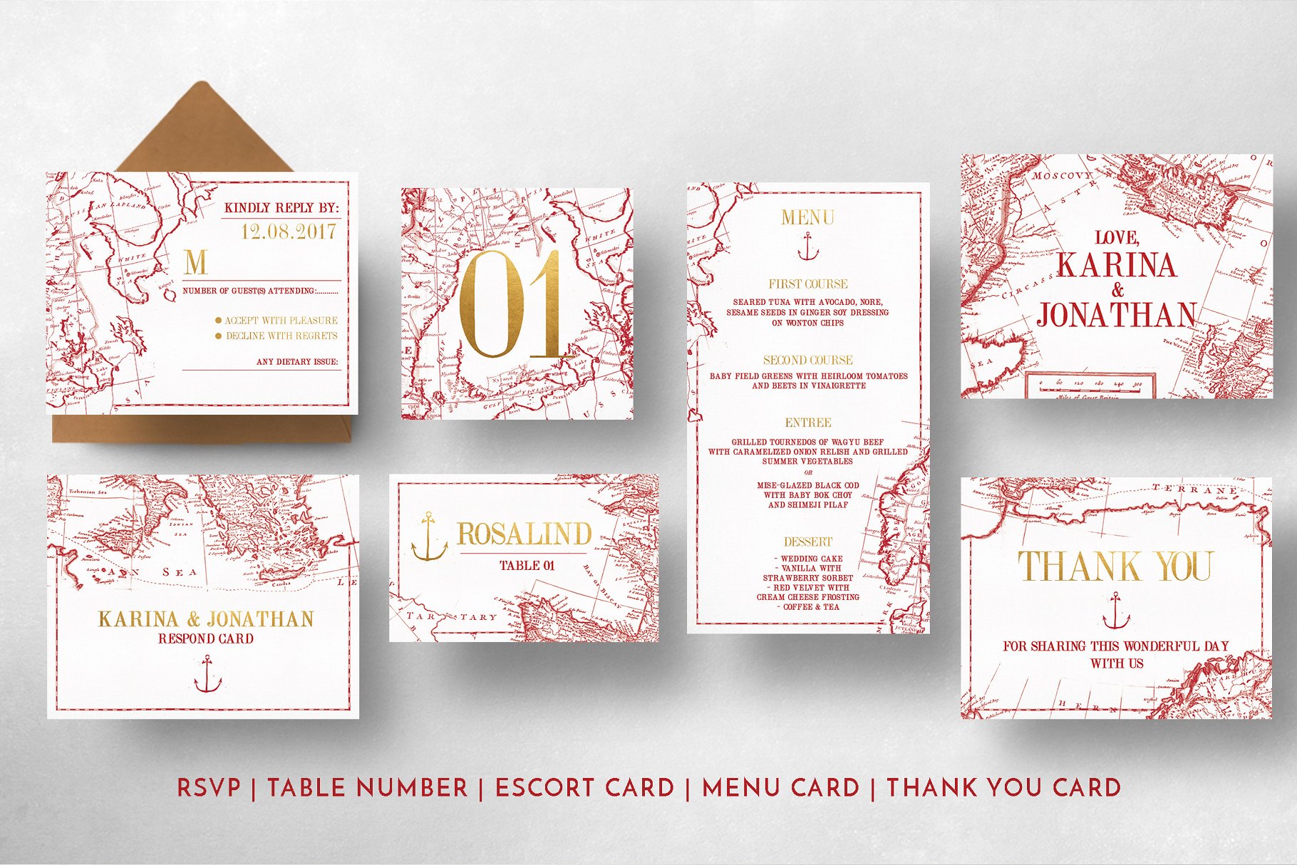 复古地图背景婚礼物料设计模板 Vintage Map Wedding Suite插图(9)
