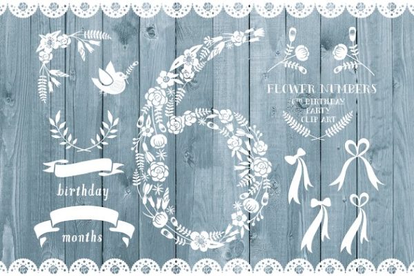 灰蓝色乡村木制背景生日派对邀请函模板 Floral number six, card invite