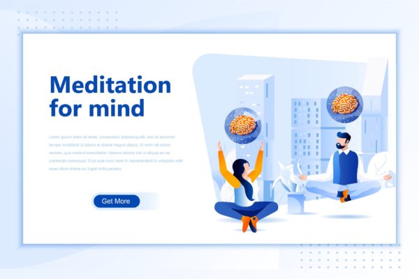 冥想训练场景网站设计矢量插画素材 Meditation Mind Flat Landing Page Header