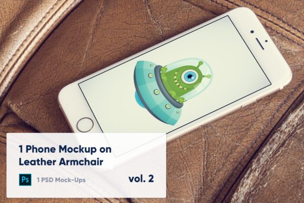 皮革扶手椅上iPhone手机UI设计演示素材库精选样机模板v1 1 Phone Mockup on Leather Armchair Vol. 1