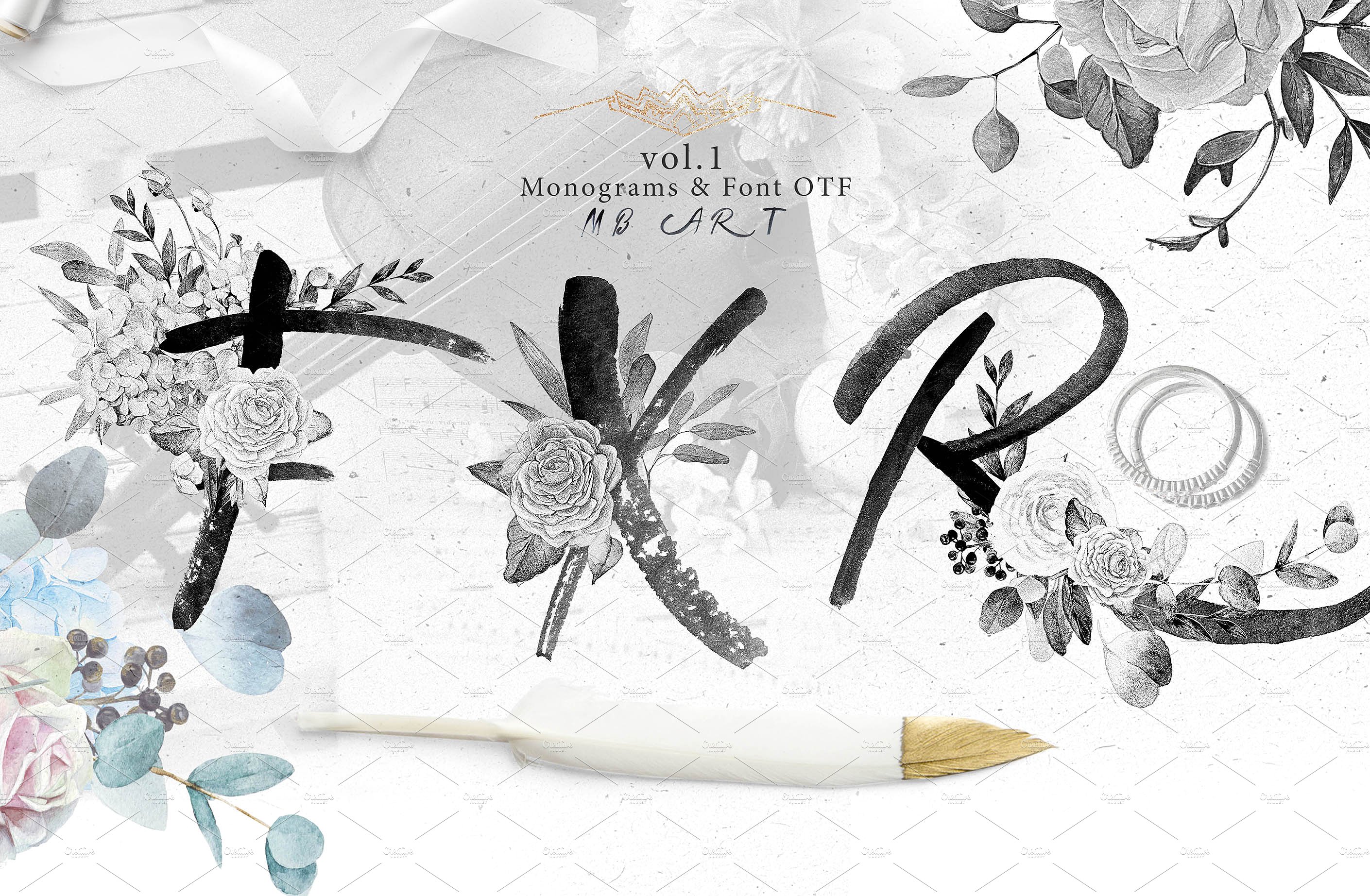 灰色字母&花卉水彩套装 Monograms & bouquets vol.1 Artarian插图(8)