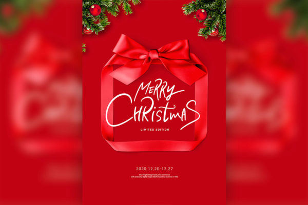 大红色丝带礼盒圣诞主题海报传单psd素材