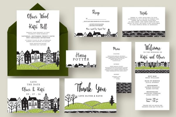 城镇婚礼邀请函设计模板套装 Town Wedding Invitation Suite