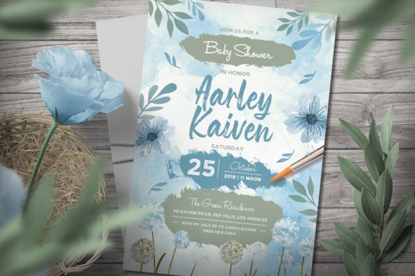 蓝色婴儿满月酒/百日宴邀请函设计模板 Blue Baby Shower Invitation