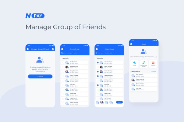 电子钱包APP应用UI设计之好友分组管理界面设计模板 Manager Group of Friends – Wallet Mobile UI – N