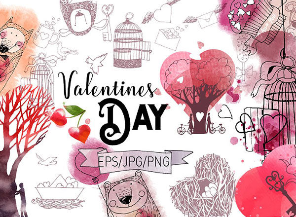 浪漫手绘爱情情人节插画元素大集合
