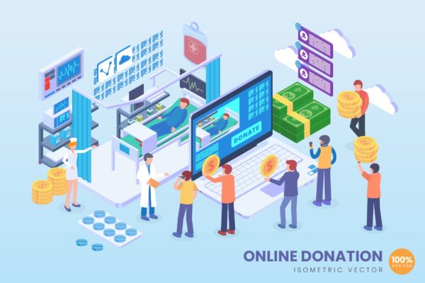 在线捐赠主题等距矢量素材库精选科技概念插画 Isometric Online Donation Vector Concept