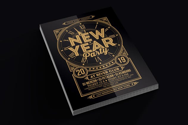 2019新年主题黑金设计风格海报设计模板 New Year Party 2019插图(1)