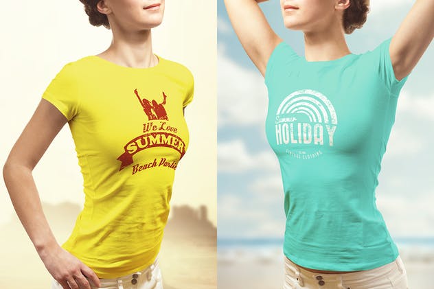 收腰女版T恤服装样机 Summer T-shirt Mock-up Female Version插图(2)