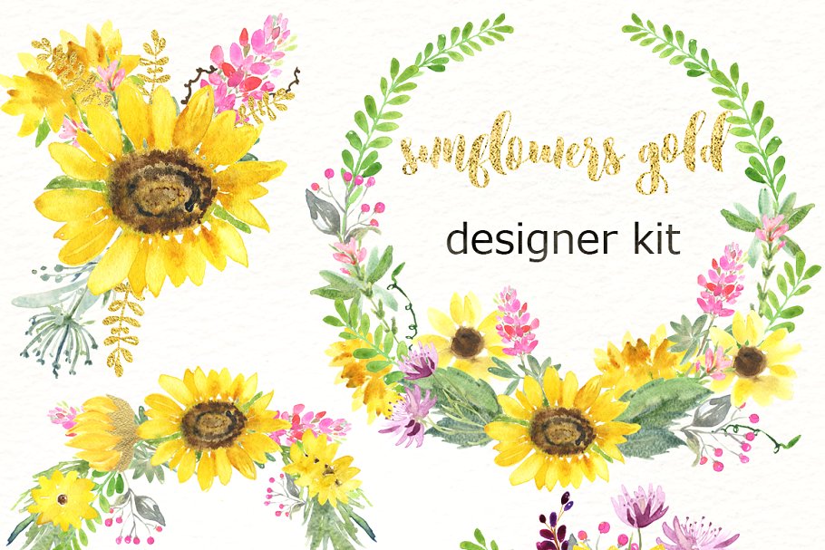 金色粉色向日葵水彩画剪贴画 Sunflowers gold & pink Watercolor插图(5)