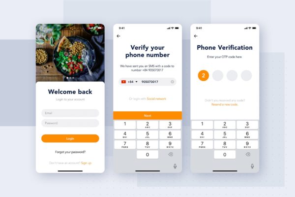 APP应用登录手机短信验证界面UI设计素材库精选模板 Login Authentication UI screen concept