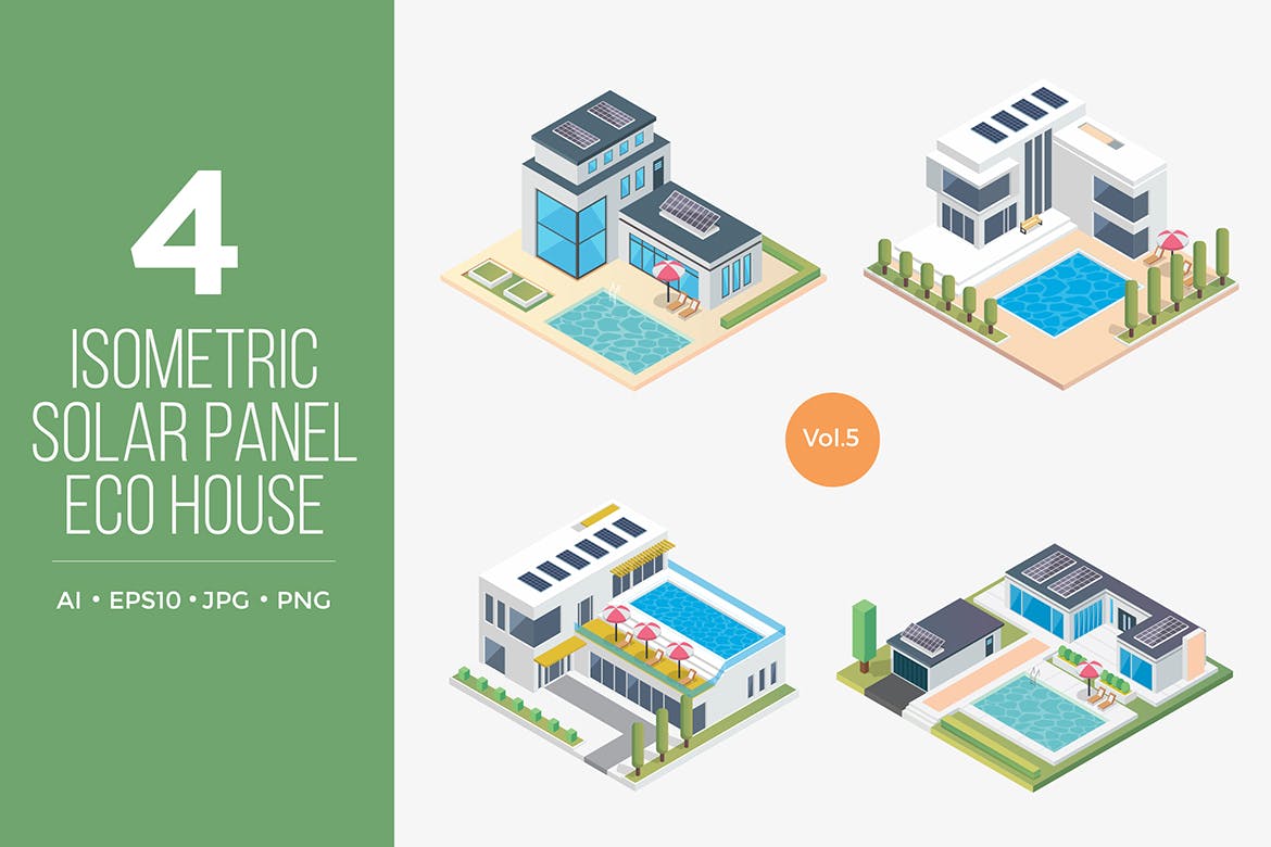 太阳能电池发电房屋等距矢量图形v5 Isometric Solar Panel Eco House Vector Set 5插图(1)