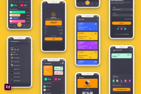 金融财务主题APP应用UI设计套件XD模板[夜间模式版本] Finance Mobile App Template UI Kit Dark (XD)