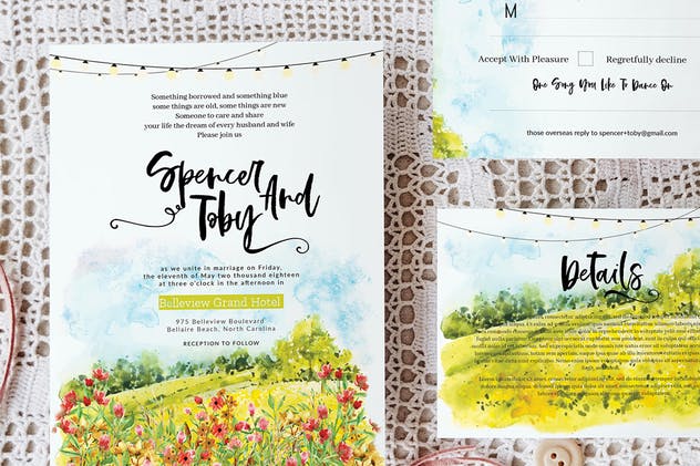 春天水彩风景主题婚礼邀请套装 Spring wedding invitation set插图(1)