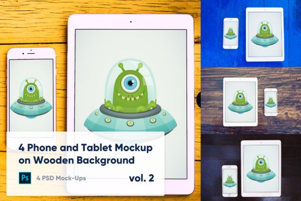 木制背景平板电脑&amp;手机素材库精选样机模板v2 4 Tablet &amp; Phone Mockup on Wooden Background Vol.2