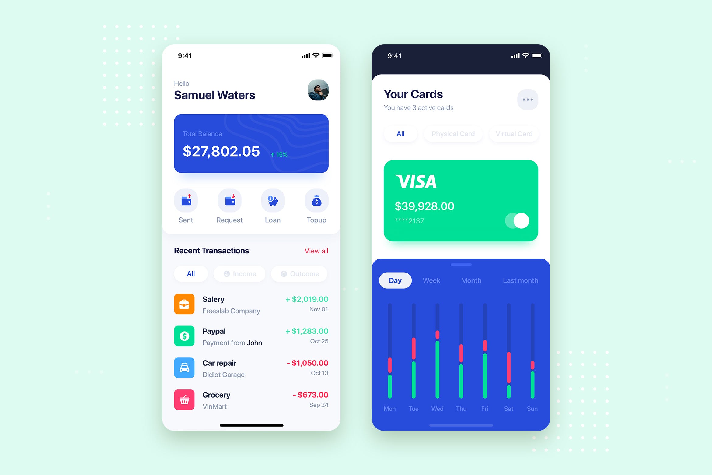 电子银行APP应用主页&银行卡管理界面UI设计素材库精选模板 Banking Wallet Mobile App UI Kit Template插图
