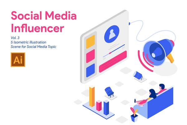 素材库下午茶：2.5D互联网概念社交元素Ai插画下载