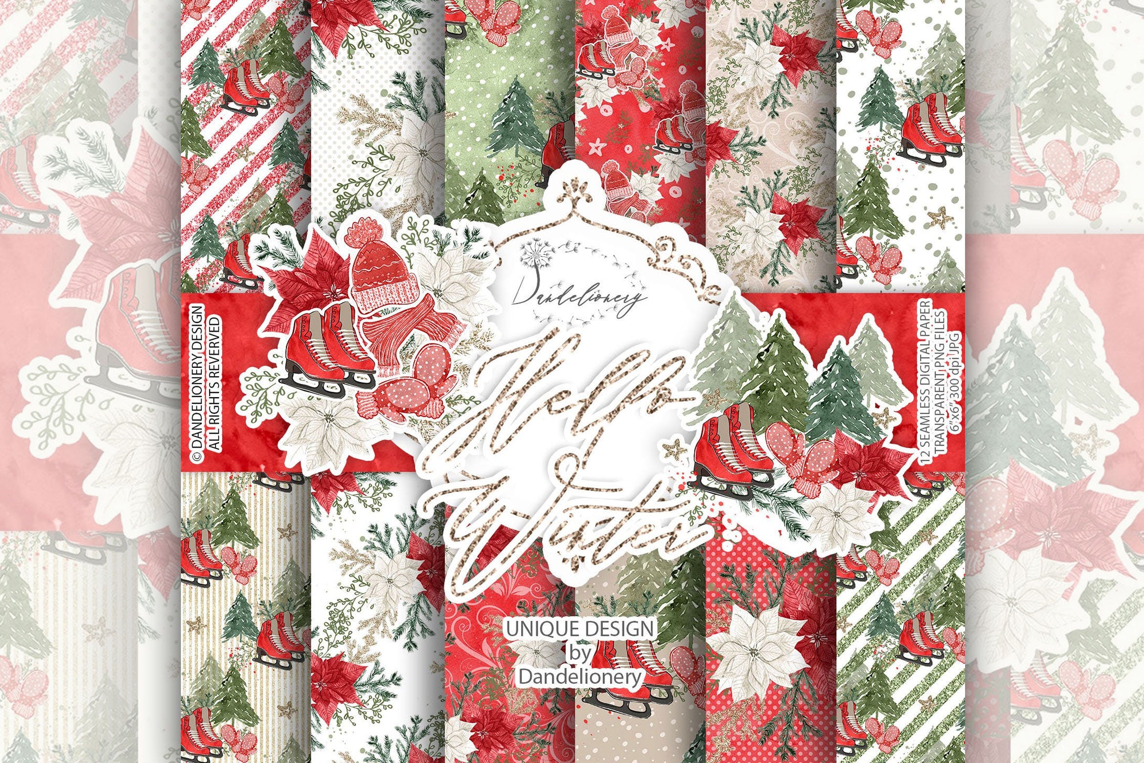 冬季主题手绘装饰图案数码纸张设计素材 Hello Winter digital paper pack插图