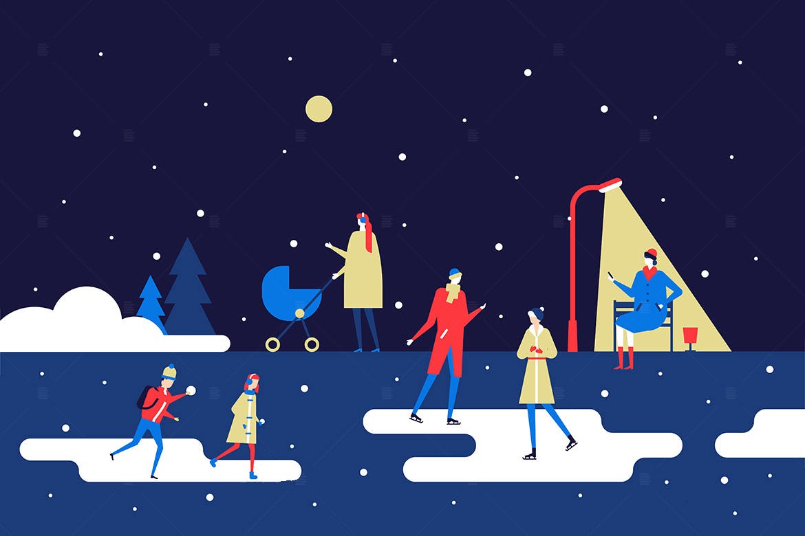 冬日公园场景扁平设计风格矢量插画素材库精选 Winter park – flat design style illustration插图