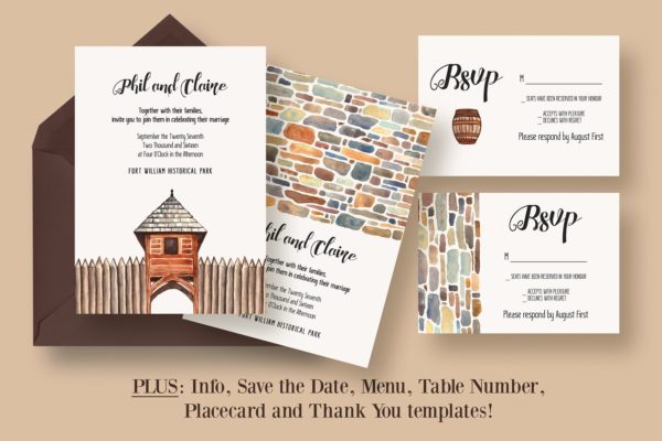 手绘插画风格婚礼设计物料模板 Historical Venue Wedding Suite