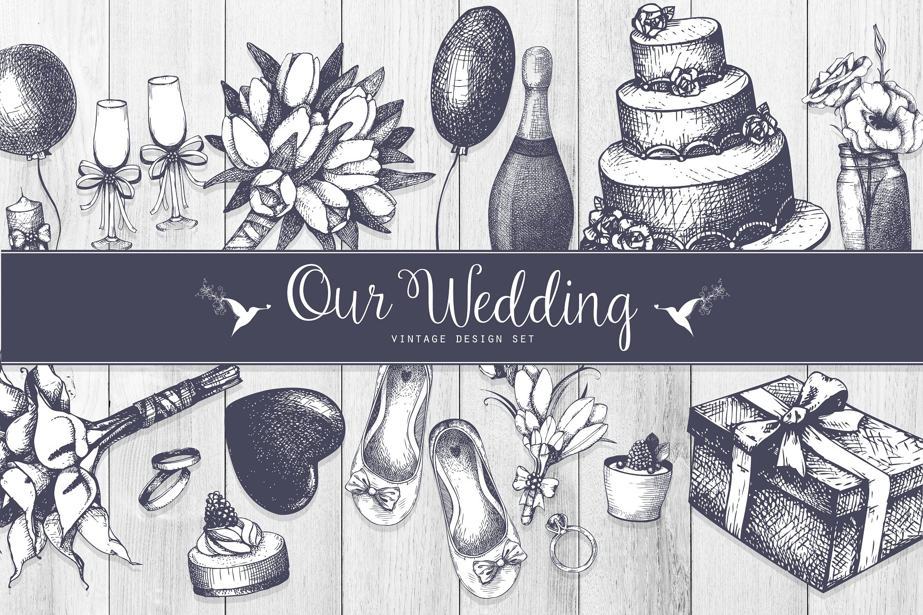 复古婚礼设计矢量元素合集 Vector Wedding Design Elements Set插图