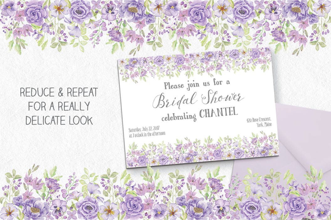 紫色水彩花卉边框&元素剪贴画PNG素材 Purple Watercolor Floral Border Plus Elements插图(3)