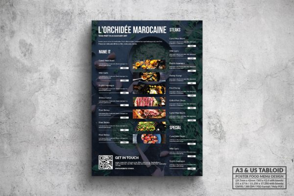 A3＆美国信纸尺寸西餐厅菜单海报设计模板 Elegant Food Menu – A3 &amp; US Tabloid Poster