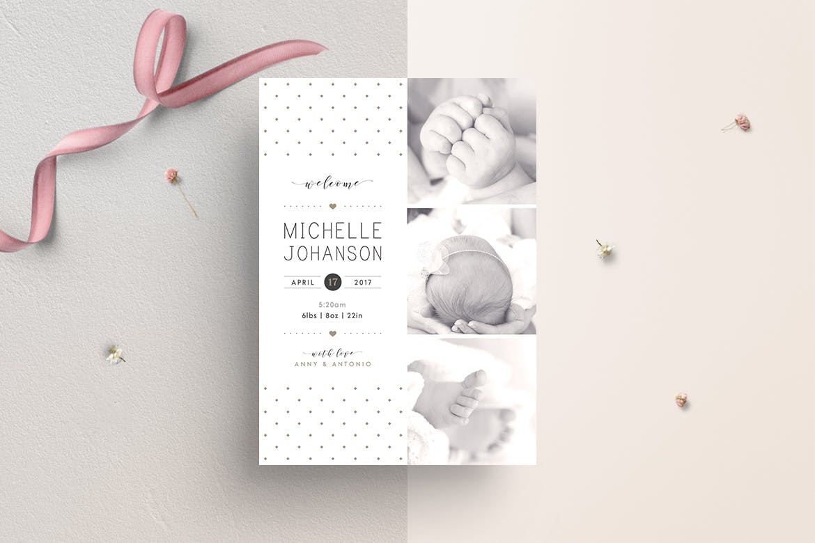 婴儿宝宝满月酒邀请函设计模板 Baby Birth Announcement Card插图(1)