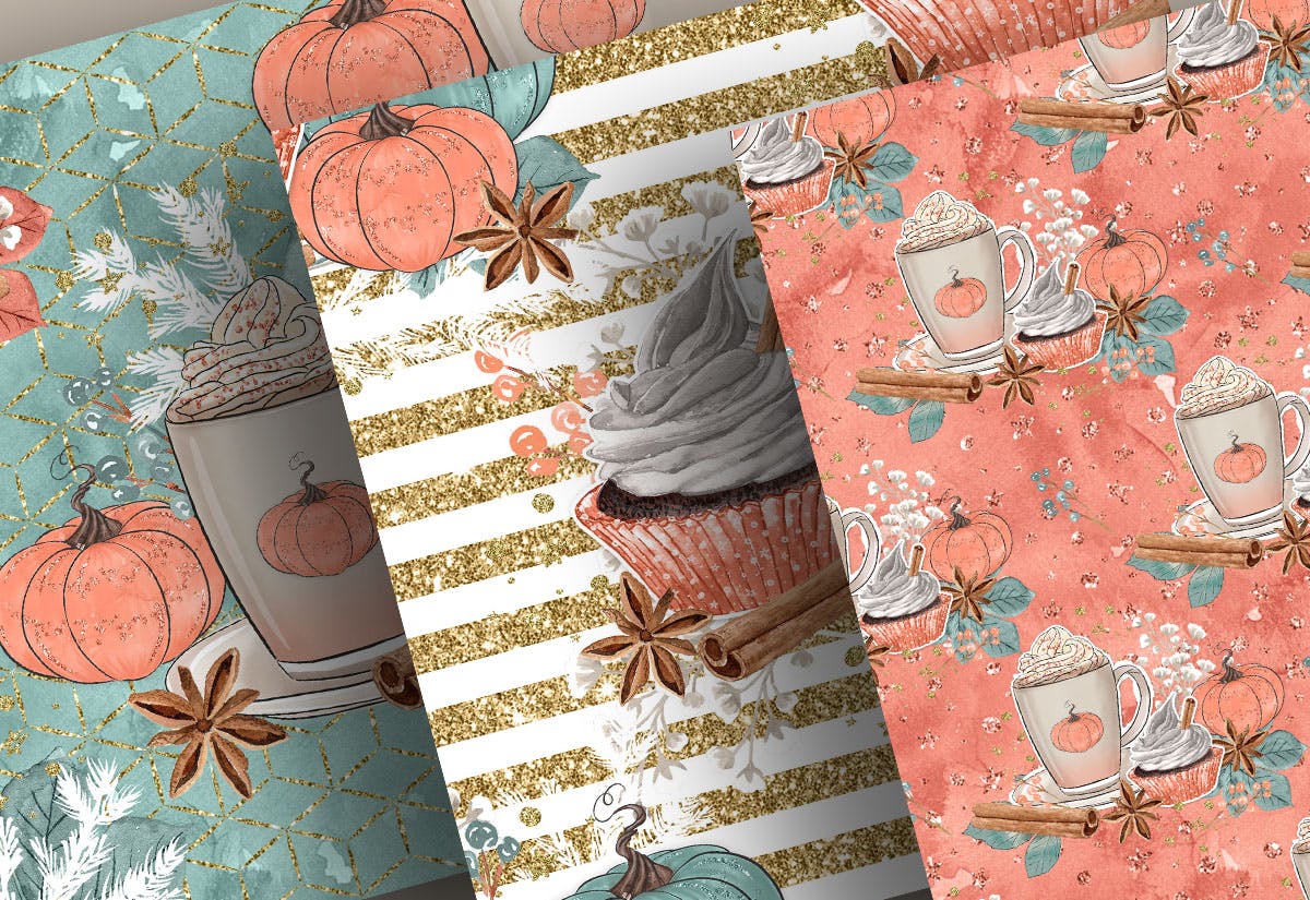 南瓜&拿铁水彩手绘图案设计素材 Pumpkin Latte digital paper pack插图(3)