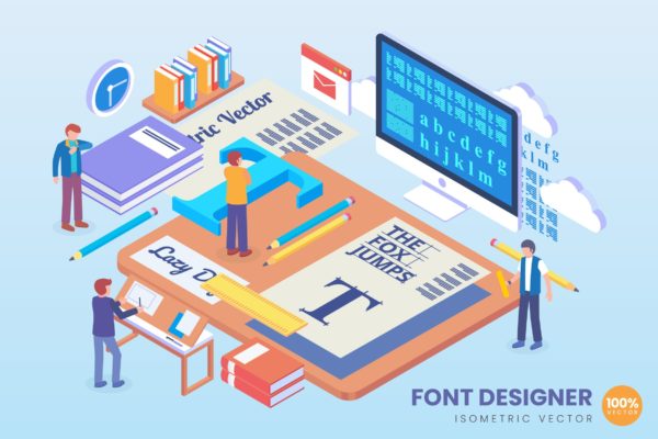 字体设计主题等距矢量素材库精选科技概念插画 Isometric Font Designer Vector Concept