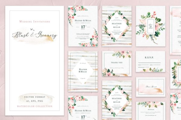 腮红&amp;绿叶水彩系列婚礼设计素材套装 Blush &amp; Greenery Wedding Collections